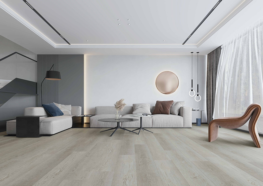 light toned wood flooring in living room with modern decor and ambient lighting