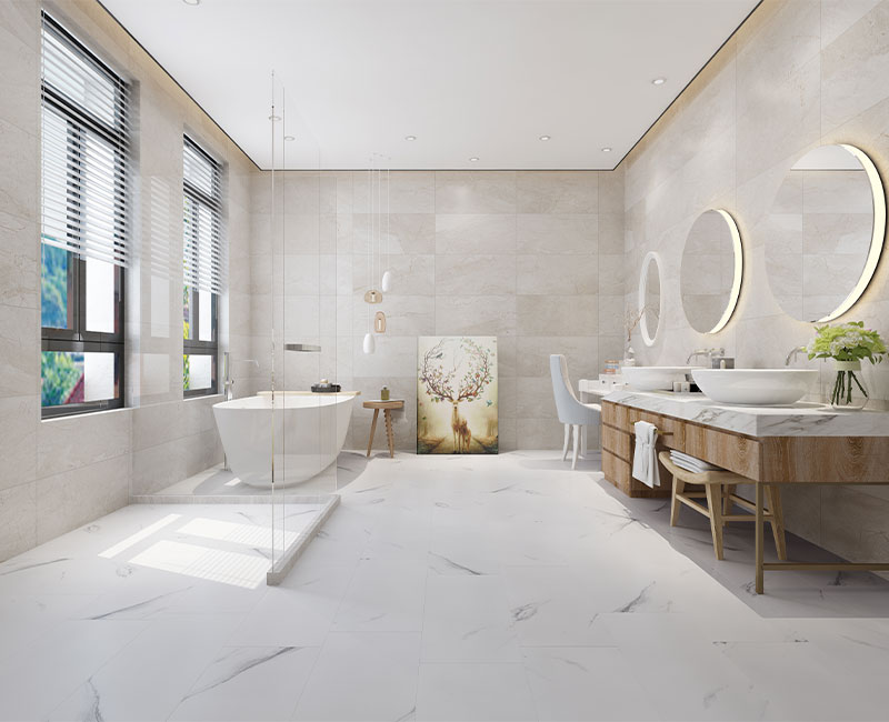 marble luxury vinyl tile in bathroom with walk in shower and wooden vanity.